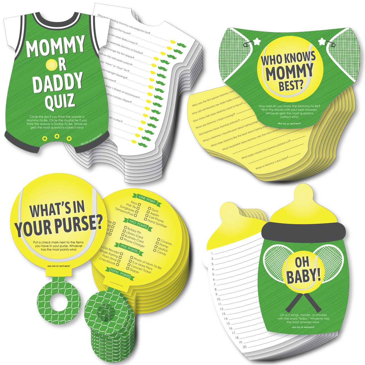 Big Dot of Happiness You Got Served - Tennis - 4 Baby Shower or Tennis Ball Party Games - 10 Cards Each - Gamerific Bundle